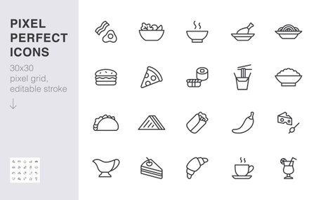 Restaurant menu line icon set. Sandwich, shawarma, soup, salad, pasta, tacos, pizza, eggs and bacon minimal vector illustration. Simple outline sign for kitchen. 30x30 Pixel Perfect, Editable Strokeのイラスト素材