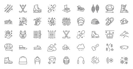 Winter sport vector flat line icons. Outdoor activities equipment snowboard, hockey, sled, skates, snow tubing, ice kiting, husky dog, climbing. Linear pictogram for ski resort. Editable Strokeのイラスト素材