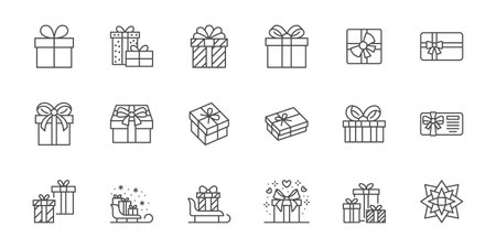 Gift line icon set. Christmas present box wrap, discount card certificate minimal vector illustration. Simple outline sign for New Year giftbox. Editable Strokeのイラスト素材