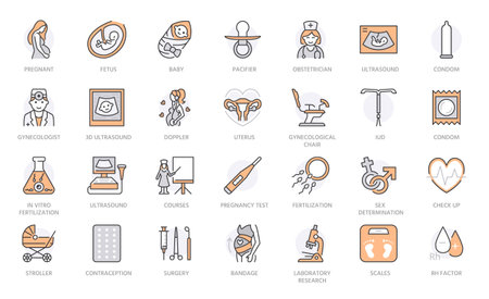 Gynecology line icons set. Ultrasound, fertility, fetus, newborn baby, gynecologist, doppler, condom, stroller vector illustration. Outline signs about pregnancy. Grey orange color Editable Strokeのイラスト素材