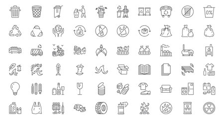 Waste sorting line icons set. Plastic bottle, biodegradable trash, junk truck, landfill, paper, glass, battery, conveyor vector illustration. Outline signs about garbage recycle. Editable Strokeのイラスト素材