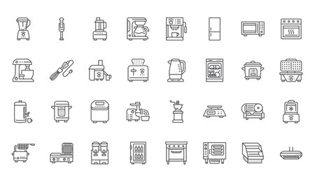 Kitchen appliance line icons set. Microwave oven, combi steamer, toaster, food processor, freezer, toaster, coffee machine vector illustration. Outline signs about cooking equipment. Editable Strokeのイラスト素材