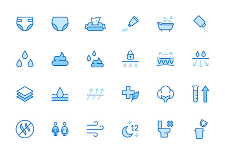 Diaper line icon set. Baby pants feature - absorption, breathable, cotton, poo pee, bath minimal vector illustration. Simple outline sign for nappy package. Blue Color, Editable Strokeのイラスト素材