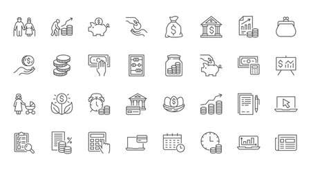 Pension savings line icons set. Retire plan, budget, senior money, bank deposit, investment fund, piggy bank, retirement payment vector illustration. Outline signs about finance. Editable Strokeのイラスト素材