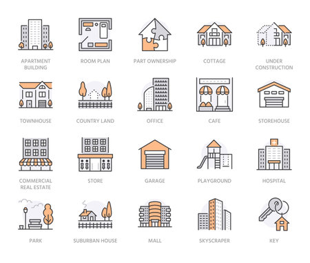 Real estate flat line icons set. House sale, commercial building, country home area, skyscraper, mall, kindergarten vector illustrations. Infrastructure signs. Orange color. Editable Strokeのイラスト素材