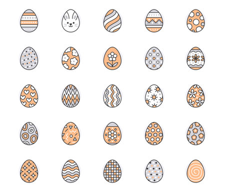 Easter food flat line icons set. Painted eggs hunt vector illustrations. Thin signs christianity traditional celebration. Orange color. Editable Strokeのイラスト素材
