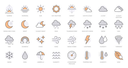 Weather line icons set. Sun, rain, thunder storm, dew, wind, snow cloud, night sky minimal vector illustrations. Simple flat outline signs for web, forecast app. Orange color. Editable Strokeのイラスト素材