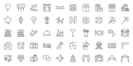 Party line icons set. Birthday cake, anniversary celebration, cocktail, decoration, clown, catering, surprise firework, balloon vector illustration. Outline signs about entertainment. Editable Strokeのイラスト素材