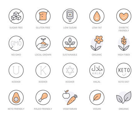 Food diet line icon set. Halal, sustainable, local paleo nutrition, diabetic friendly, sugar free kosher minimal vector illustration. Simple outline sign for meal label. Orange color. Editable Strokeのイラスト素材