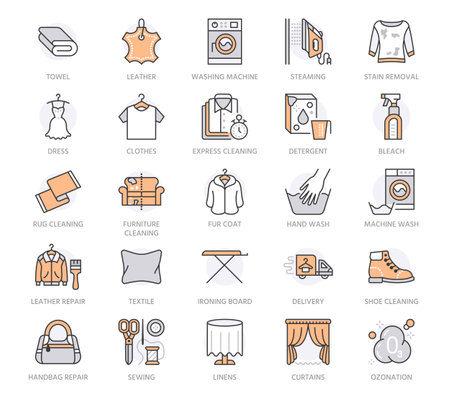 Dry cleaning, laundry line icons. Launderette service washing machine, clothes shoe and leaher repair, stain removal, garment ironing and steaming, fabric detergent. Orange color. Editable Strokeのイラスト素材
