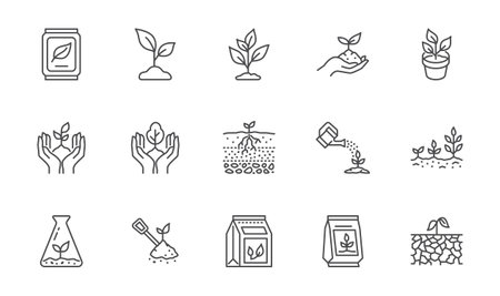 Plant growing line icons set. Spring growth stage, seeds, seedling, drought, soil testing, agriculture vector illustration. Outline signs for gardening. Editable Strokeのイラスト素材