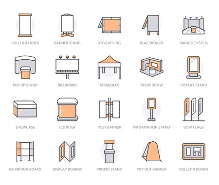 Exhibition flat line icons set. Trade show banner, display, expo booth, billboard, promo stand, counter vector illustrations. Outline signs for advertising. Orange color. Editable Strokeのイラスト素材