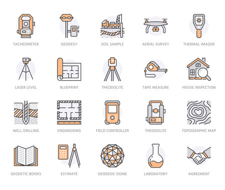 Geodesy flat line icons. Geodetic survey engineering equipment, tacheometer, theodolite, tripod. Geological research vector illustration. Construction service signs. Orange color. Editable Strokeのイラスト素材