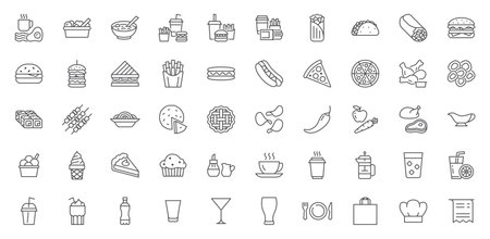 Restaurant menu line icons set. Salad, breakfast, fast food dinner, pizza, pasta, sushi, cocktails, vegetarian meal, tacos vector illustration. Outline signs for takeaway lunch. Editable Strokeのイラスト素材