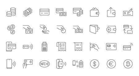 Payment line icons set. Cash money, coins in hand, credit card, wallet, bank check, cashless pay, receipt, contactless purchase vector illustration. Outline signs for finance app. Editable Strokeのイラスト素材