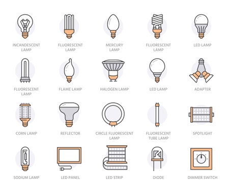 Light bulbs flat line icons. Led lamps types, fluorescent, filament, halogen, diode, energy saving illumination. Thin linear signs for idea concept, electric shop. Orange color. Editable Strokeのイラスト素材