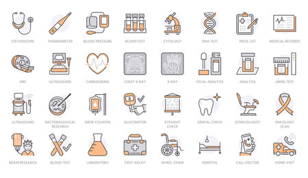 Medical diagnostic line icons. Mri, xray, ultrasound, glucometer, thermometer, cytology, dna test, laboratory and other medical analysis. Health care thin linear signs. Orange color. Editable Strokeのイラスト素材