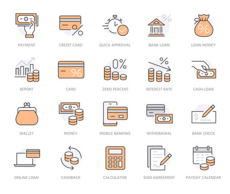 Money loan line icon set. Credit score, low interest, discount card, mortgage percent, tax minimal vector illustration. Simple outline signs for bank application. Orange color. Editable Strokeのイラスト素材