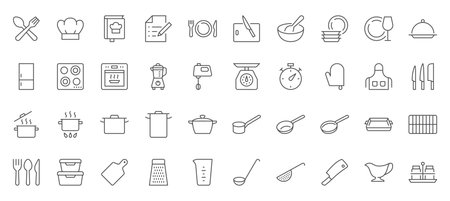 Cooking line icons set. Kitchen utensil - pan, oven, cookbook, saucepan, weight, chef hat, blender, glass crockery, casserole vector illustration. Outline signs for food recipe. Editable Strokeのイラスト素材