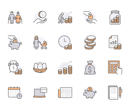 Retirement plan flat line icons set. Pension payment, money deposit, investment fund balance sheet inheritance vector illustration. Outline signs senior savings. Orange color. Editable Strokeのイラスト素材