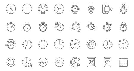 Time line icons set. Timer, alarm clock, wristwatch, smart watch, hourglass, schedule calendar vector illustration. Outline signs about notification. Editable Strokのイラスト素材