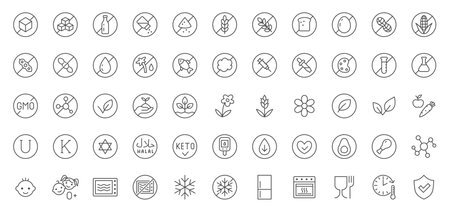 Food allergen line icons set. Product features - soy free, peanut, gluten, dairy, grain, palm, salt, vegan, chemicals, diet vector illustration. Outline signs for meal label. Editable Strokeのイラスト素材