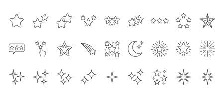 Stars line icons set. Rank - quality, favorite, bright firework, falling, flash, flickering, shining sparkle, magic, fantasy vector illustration. Outline signs for good habits. Editable Strokeのイラスト素材