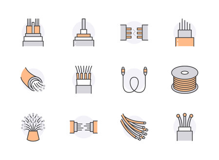 Optical fiber flat line icons. Network connection, computer wire, cable bobbin, data transfer. Thin signs for electronics store, internet services. Orange Color. Editable Strokesのイラスト素材