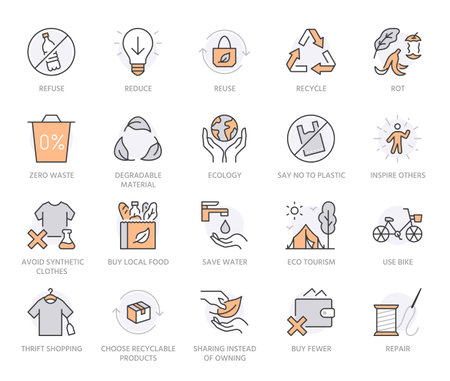 Zero waste lifestyle flat line icons set. Refuse, reduce, reuse, recycle, leaves circle, save water, planet, eco tourism vector illustration. Outline signs of ecology. Orange Color. Editable Strokeのイラスト素材