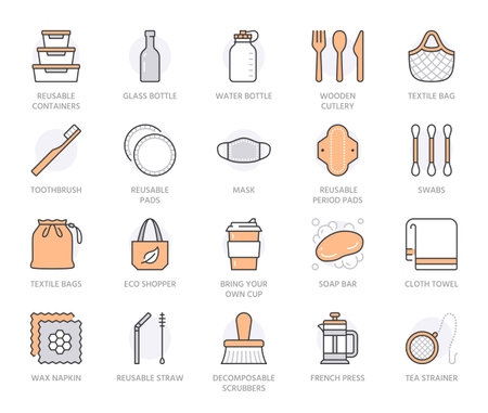 Zero waste products flat line icons set. Reusable bottle, wooden cutlery, metal straw, period pad, face mask vector illustration. Outline signs of sustainable lifestyle. Orange Color. Editable Strokeのイラスト素材