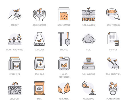 Soil testing flat line icons set. Agriculture, planting vector illustrations, hands holding ground with spring, drought, erosion. Thin signs for agrology survey. Orange Color. Editable Strokesのイラスト素材