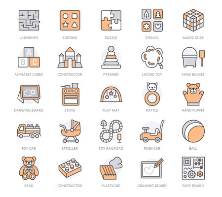 Early development baby toys flat line icons. Play mat, sorting block, busy board, carriage, toy car, kids railroad illustrations. Thin signs for montessori education. Orange Color, Editable Strokeのイラスト素材