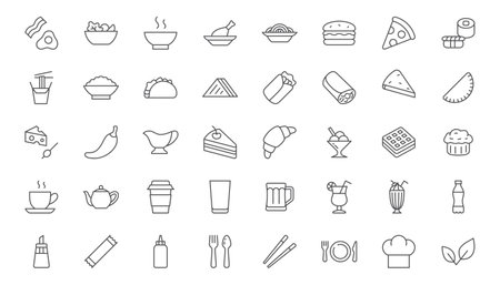 Restaurant menu line icon set. Dishes - breakfast, salad, soup, kebab, taco, wok rice, sandwich, pasta, chopsticks outline vector illustration. Simple linear pictogram for food. Editable Strokeのイラスト素材