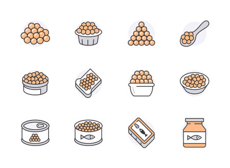 Red caviar flat line icons set. Canned fish eggs, tobiko roe, appetizer vector illustrations. Outline signs for seafood store. Orange color. Editable Strokesのイラスト素材