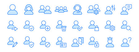 User account line icon set. Profile, login, admin, settings, security minimal vector illustrations. Simple outline signs for web interface. Blue color. Editable Strokeのイラスト素材
