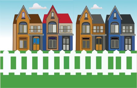 urban housing with grass and white fenceのイラスト素材