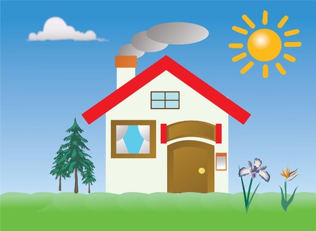 a rural area house with trees and flowersのイラスト素材