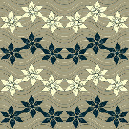 Vector floral illustration: abstract flowers on wavy stripesのイラスト素材