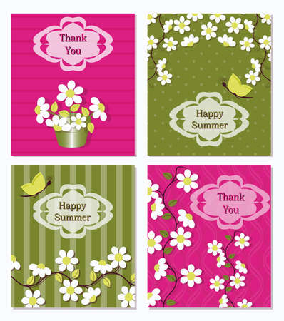 set of abstract vector greeting card with flowers and inscriptionsのイラスト素材