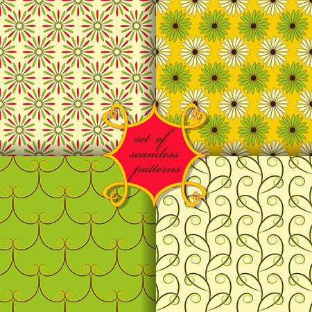 Set of seamless vector illustrations. Abstract shapes and decorative flowersのイラスト素材