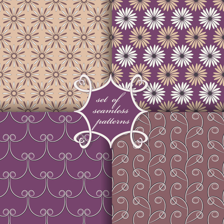 Set of seamless vector illustrations. Abstract shapes and decorative flowersのイラスト素材