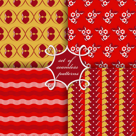 Set of seamless vector illustration of Valentine's Day.  Decorative flowers, heart, polka dotのイラスト素材