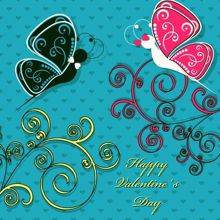Abstract vector illustration. Greeting Card for Valentine's Day. Butterflies, heartのイラスト素材