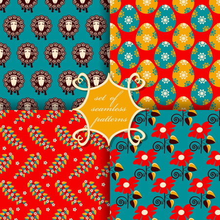 Set of seamless vector illustration of Easter Day. Symbols of Easter, egg, lamb, flowers, branchesのイラスト素材