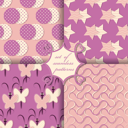 Set of seamless illustrations. Geometric shapes, decorative butterflies, wavy lines patternのイラスト素材