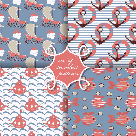 Set of seamless vector illustrations. Marine symbols. Lifebuoy, anchor, ship, bathyscaphe, fishのイラスト素材