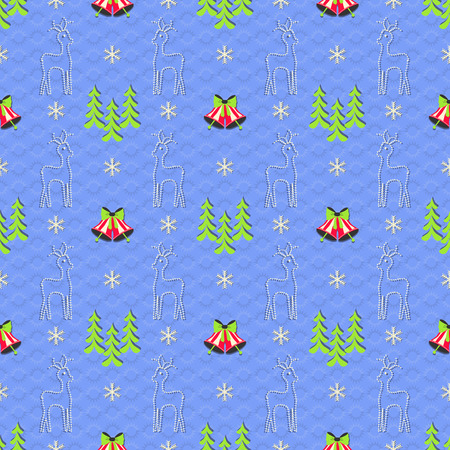 Seamless vector illustration of Christmas background. Bells, reindeer, Christmas trees, snowflakesのイラスト素材