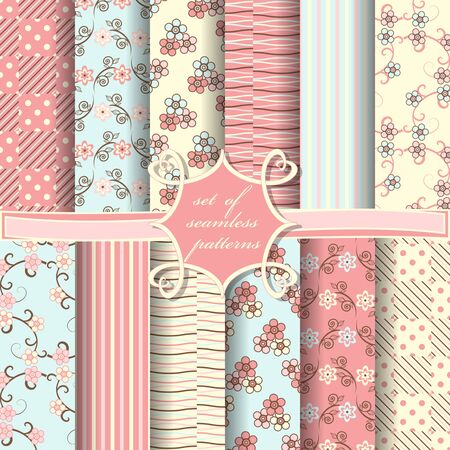 Set of seamless vector illustrations. Abstract shapes and decorative flowersのイラスト素材