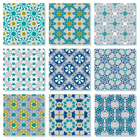 Set of seamless vector illustrations. Abstract shapes and decorative flowersのイラスト素材