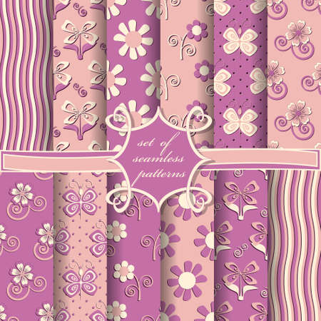 Set of seamless vector illustrations. Abstract butterflies and decorative flowersのイラスト素材